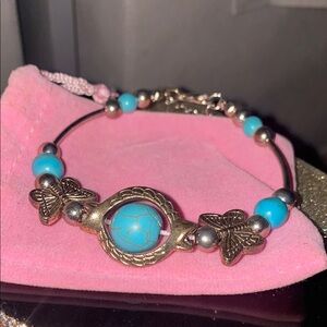 Turquoise and Gold Bracelet with Leaf Accents
